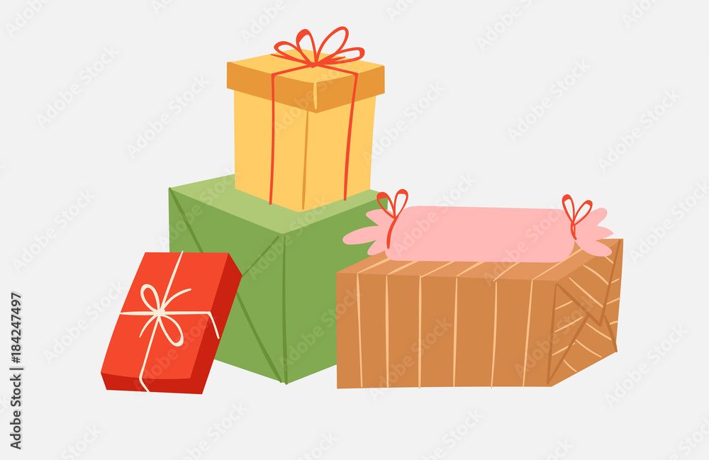Obraz premium Vector gift boxes stack cartoon pack composition for event greeting Birthday or Christmas isolated on white illustration