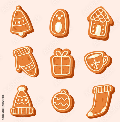 Christmas cake vector sweet desserts food traditional cakes for Xmas dinner and teatime tree, bell, house, sock and penguin illustration
