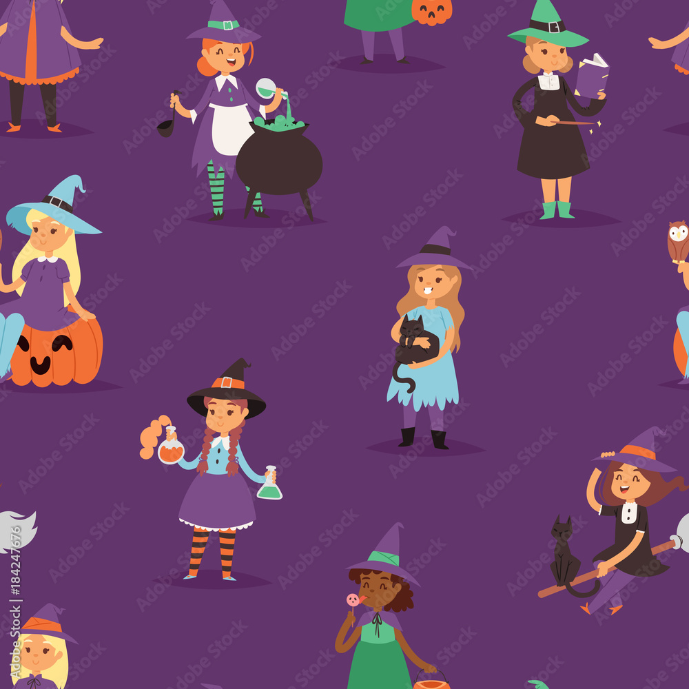 Cute vector Witch Halloween little girl harridan with broom with copper cartoon magic young witch woman dress character costume hat witchcraft illustration seamless pattern background