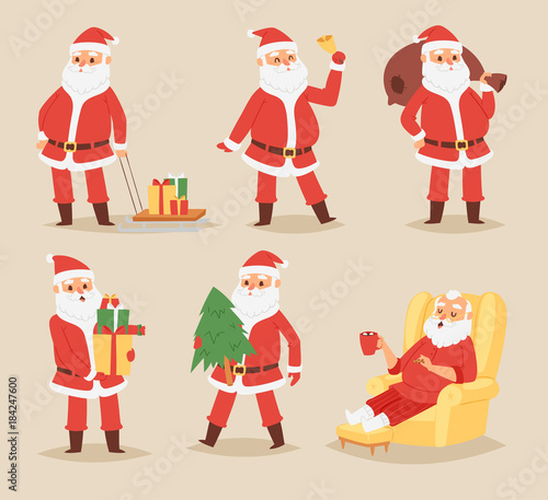 Christmas Santa Claus vector character poses illustration Xmas man in red traditional costume and Santa hat