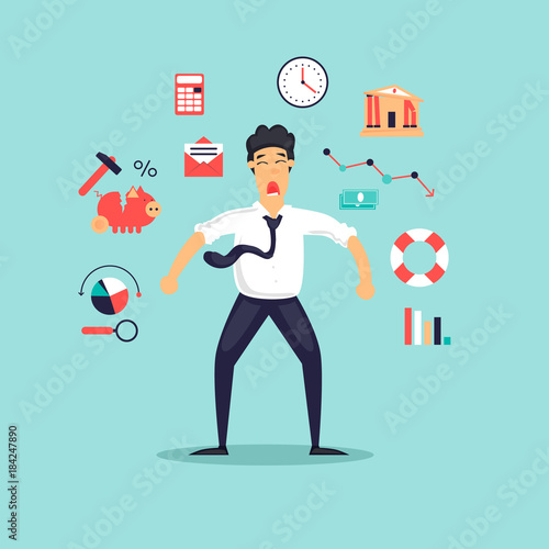 Сrisis, frustrated businessman. Flat design vector illustration.