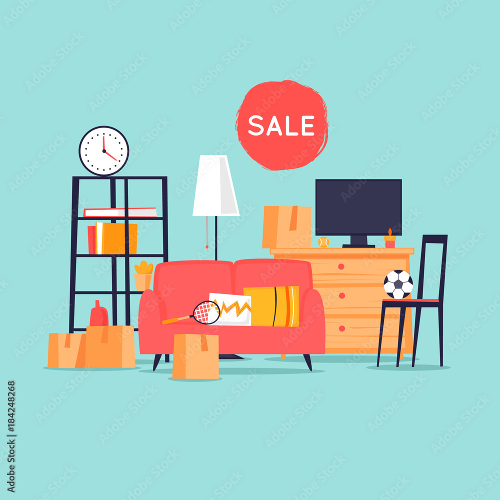 Fototapeta premium Garage sale, unnecessary things. Flat design vector illustration.
