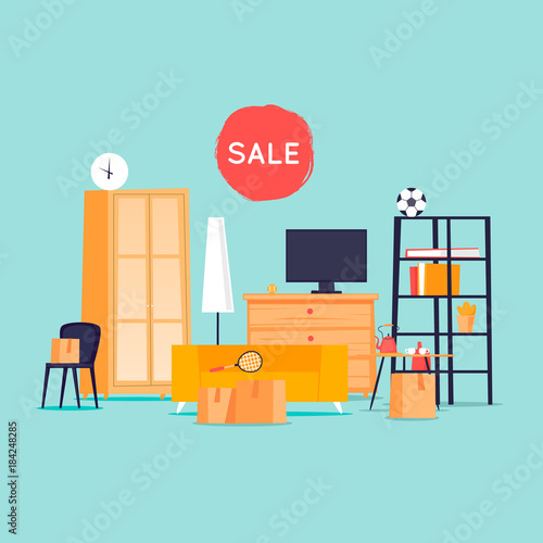 Garage sale, unnecessary things. Flat design vector illustration.