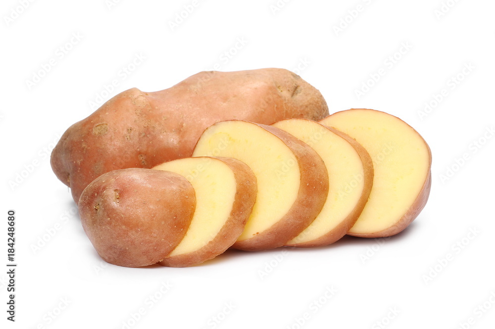 Fresh organic potato with slices isolated on white background Fresh organic potato with slices isolated on white background