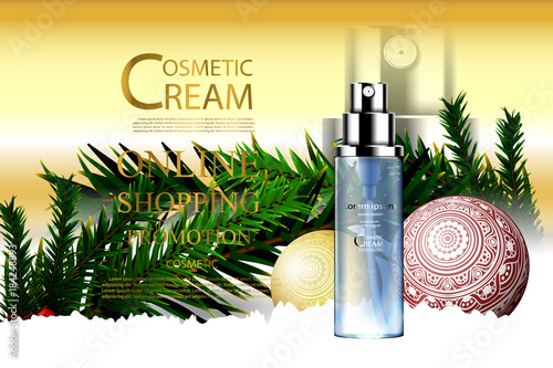 Luxury cosmetic Bottle package skin care cream, Beauty cosmetic product poster, with christmas background