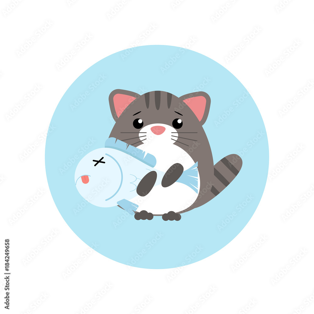 Vector icon cat with fish on blue background. Flat design Vector icon cat with fish on blue background. Flat design
