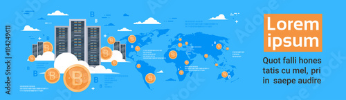Bitcoin Mining Farm Concept Over World Map Background Horizontal Banner Flat Vector Illustration