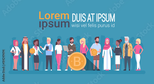 Different People Holding Golden Bitcoin Web Money Digital Crypto Currency Concept Flat Vector Illustration