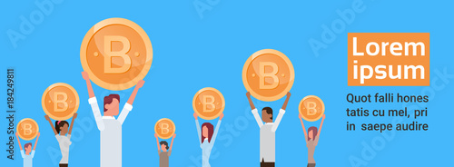 Group Of People Holding Golden Bitcoin Modern Web Money Digital Crypto Currency Concept Flat Vector Illustration