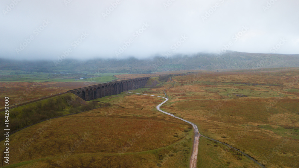 Aerial View of Train passing over the Ribblehead Viaduct Settle-Carlisle Railway, North Yorkshire