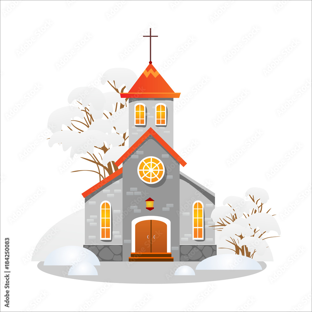 merry christmas and happy new year card, church and green tree under snow, christianity and Catholic winter city cathedral vector illustration, religious holy background