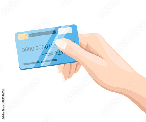 Hand holding blue credit card for online payment and shopping flat style vector illustration isolated on white background