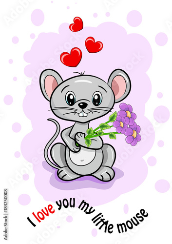 birthday card of valentine's day mother of beloved woman girl mouse little cute joy smile flowers pink hearts background