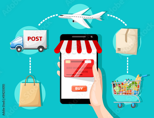 Flat vector design with e-commerce and online shopping icons and elements for mobile story symbols of shop online payment customer service and delivery