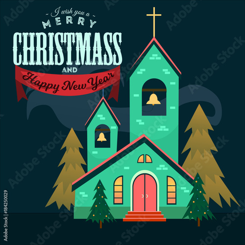 merry christmas and happy new year card, church and green tree under snow, christianity and Catholic winter city cathedral vector illustration, religious holy background