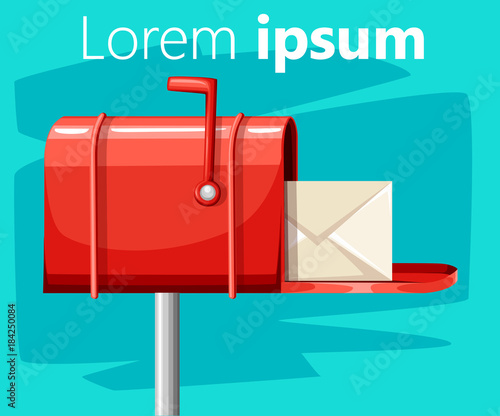 Red open mail box post with mail in the flat style vector illustration isolated on turquoise background with place for your text website page and mobile app design