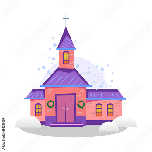 merry christmas and happy new year card, church and green tree under snow, christianity and Catholic winter city cathedral vector illustration, religious holy background