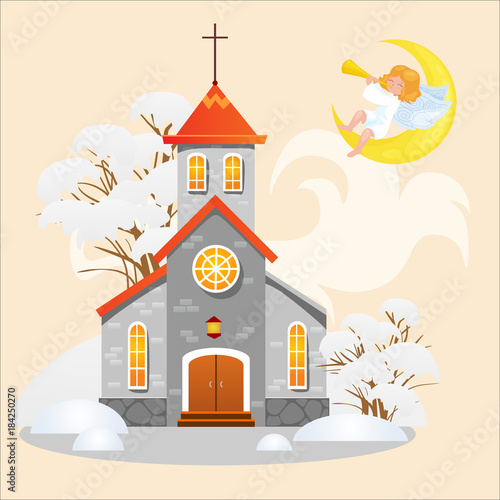 merry christmas and happy new year card, church under snow, christianity and Catholic winter cathedral vector illustration, religious holy background, angel plays furnace sitting on month in heaven