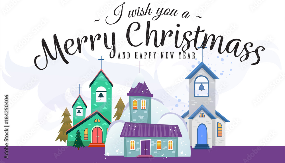 merry christmas and happy new year card, church and green tree under snow, christianity and Catholic winter city cathedral vector illustration, religious holy background