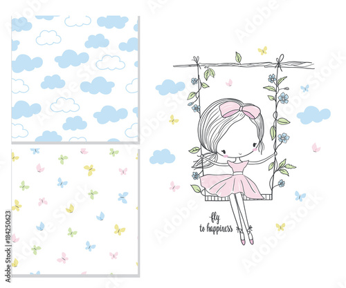 Little girl on the swing. Nursery vector illustration