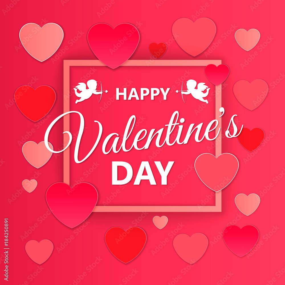 Happy Valentine's day concept. 3d white, pink and red hearts with thin square frame. Love banner or greeting card. Vector illustration EPS10