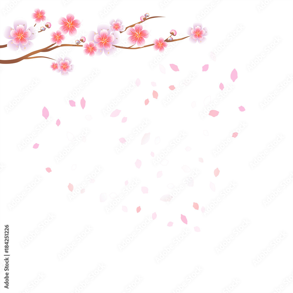 Branch of Sakura with Pink flowers and flying petals isolated on White background. Petals Heart. Apple-tree flowers. Cherry blossom. Vector Branch of Sakura with Pink flowers and flying petals isolated on White background. Petals Heart. Apple-tree flowers. Cherry blossom. Vector