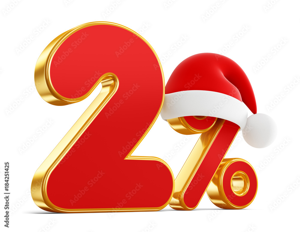Christmas illustration of golden and red percent and hat on a white background. 3D rendering illustration. Two. Christmas illustration of golden and red percent and hat on a white background. 3D rendering illustration. Two.