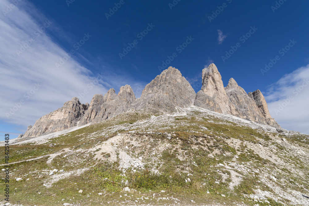 Italien, Dolomiten, Hochpustertal, Naturpark Drei Zinnen, die Drei Zinnen von der Südseite.