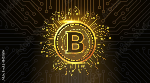 Golden Bitcoin Crypto Currency Icon Over Dark Circuit Background Modern Web Money Concept Vector Illustration