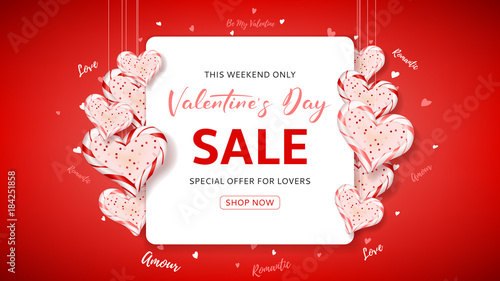 Valentine's Day Sale Red Web Banner. Beautiful Background with Realistic Candy Hearts. Vector Illustration with Promo Seasonal Offer.