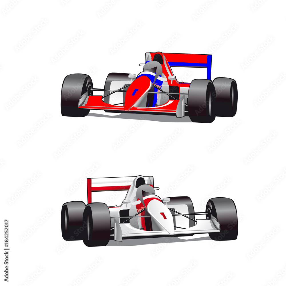 Two hound cars, formula, cartoon on white background,