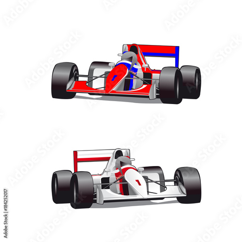 Two hound cars, formula, cartoon on white background,