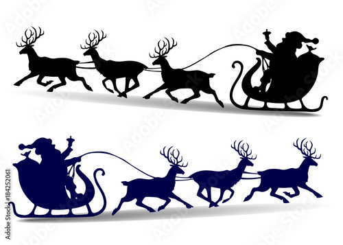 Christmas Silhouette of Santa Claus rides in a sleigh on deer, cartoon on white background,