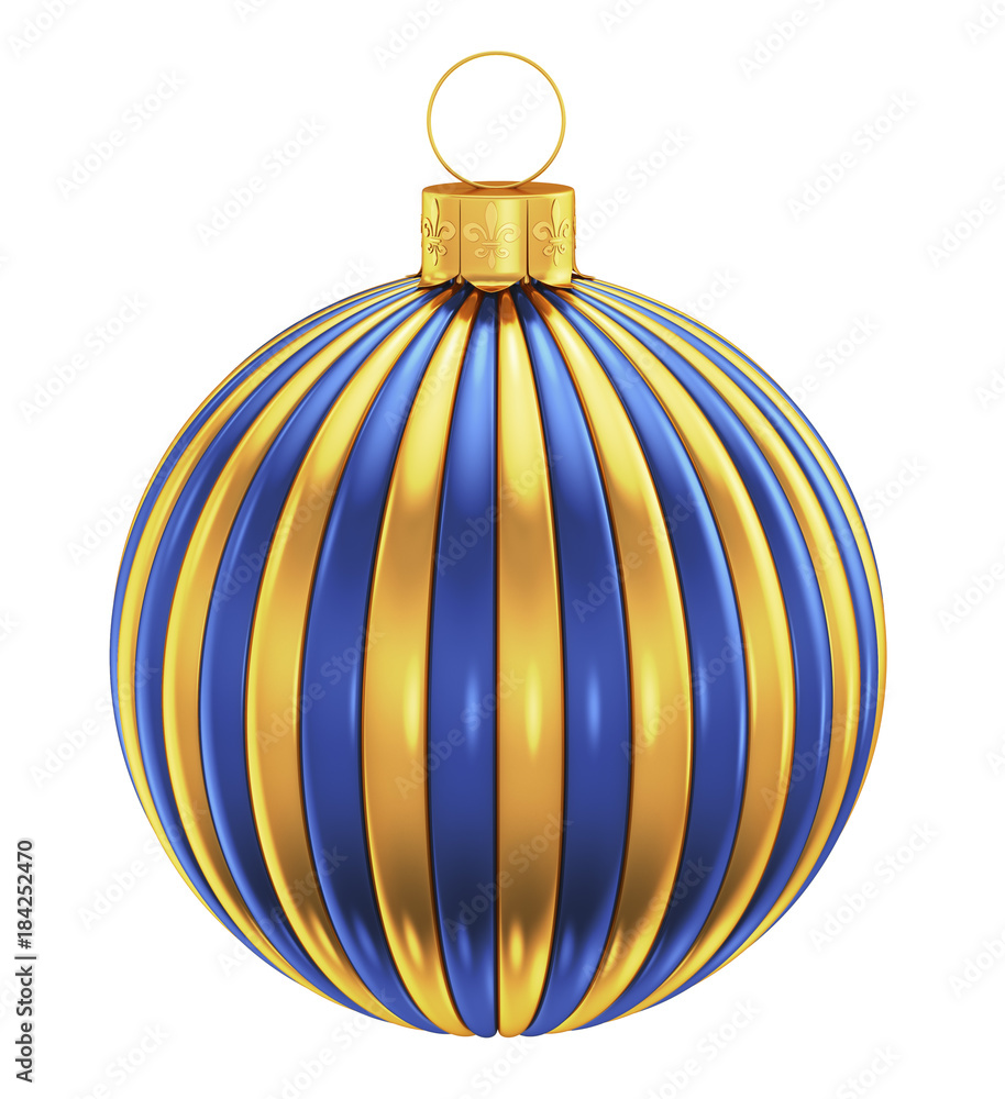 New year golden ball with blue stripes on a white background. 3d rendering. New year golden ball with blue stripes on a white background. 3d rendering.