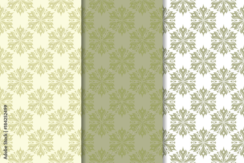 Set of olive green floral backgrounds. Seamless patterns Set of olive green floral backgrounds. Seamless patterns