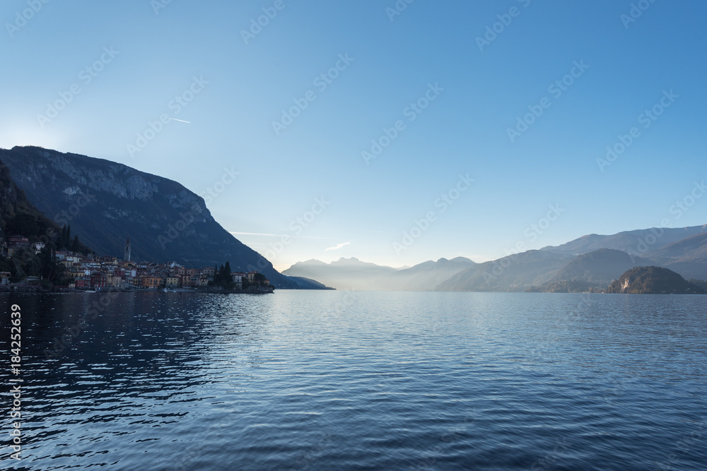 Como lake coast in early morning, Lombardy, Italy.