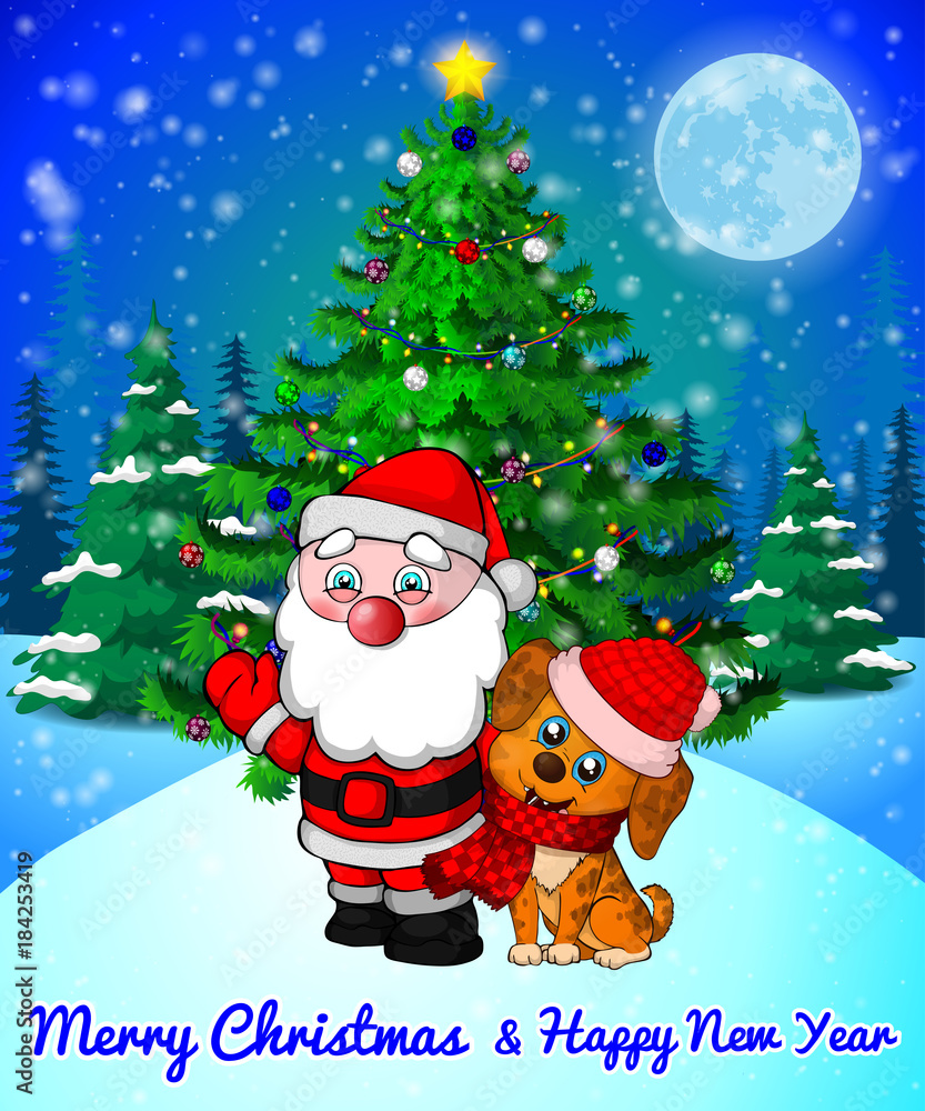 Merry Christmas greeting card with cute Santa and cristmas dog on forest and snowflakes background.