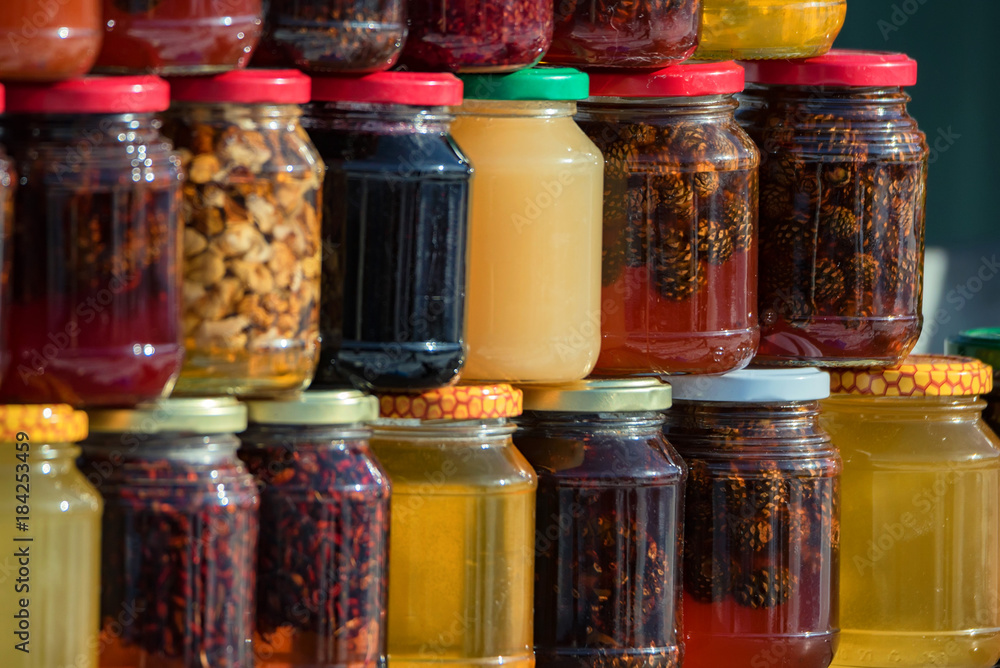Beautiful conservation of fruits and nuts in honey Beautiful conservation of fruits and nuts in honey