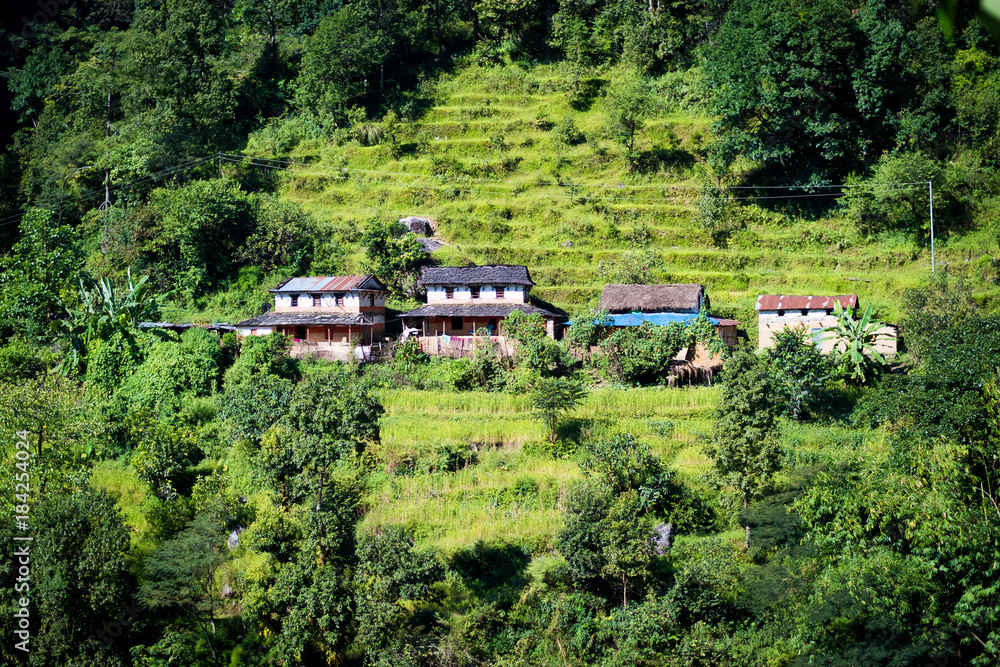Landscape with Nepalese houses in mountain village