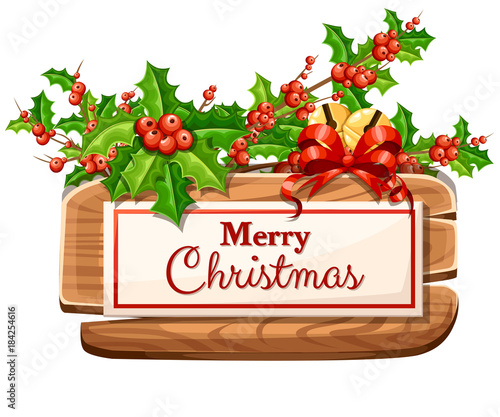 Wooden Christmas board with set of holiday decoration and the inscription with Merry Christmas vector illustration isolated on white background