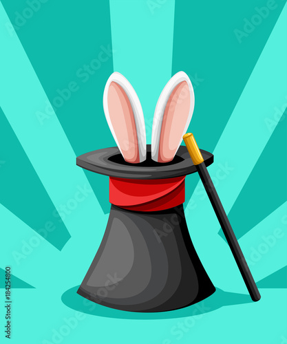 Rabbit ears appear from the magic top hat with red ribbon and magical wand flat style vector illustration isolated on turquoise background website page and mobile app design