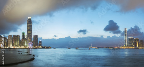 Photography Panorama of Victoria Harbor of Hong Kong at dusk
