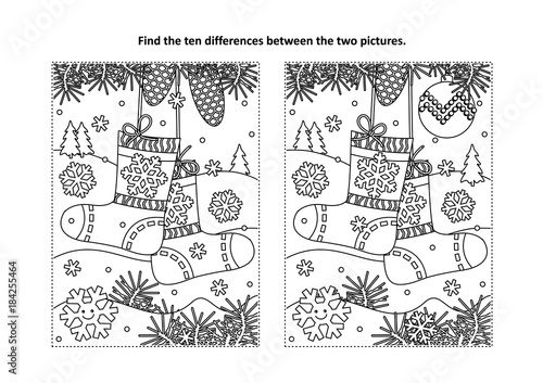 Winter, New Year or Christmas themed find the ten differences picture puzzle and coloring page with socks waiting for holiday gifts and presents