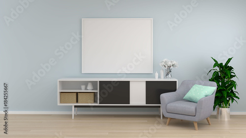 mock up frame white room cabinet armchair in living room interior background,3D rendering empty wall and ornamental tree