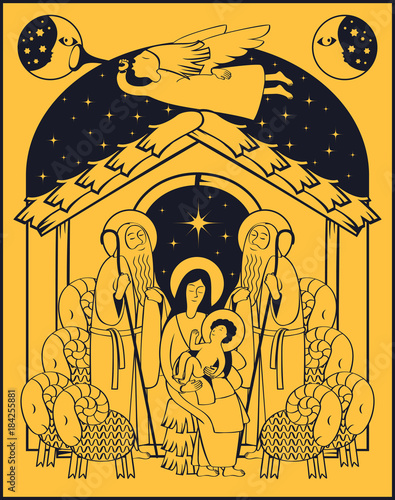 Vector illustration on the theme of christmas and new year. Adoration of the Magi. Holy Family and Christmas angel