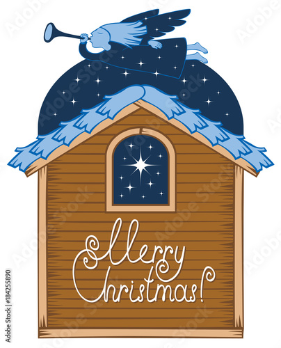 Vector illustration on the theme of Christmas and new year. Angel with a trumpet flying over the roof of the house and the Christmas star