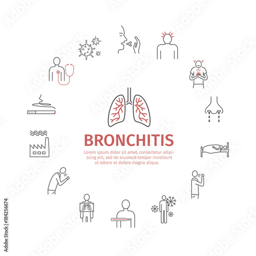 Bronchitis banner. Symptoms  Treatment. Line icons set. Vector signs for web graphics.