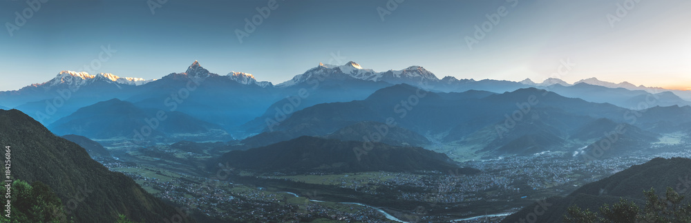 Panoramic view on Annapurna mountain range from Ghorepani Poon hill.