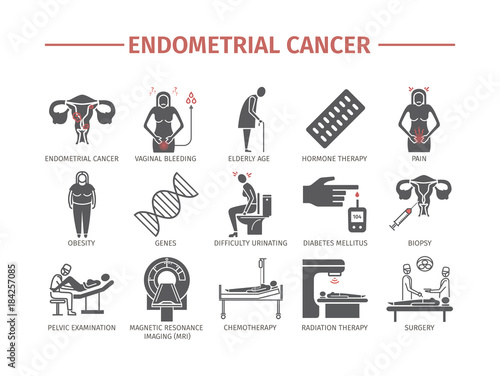 Endometrial cancer. Symptoms, Causes, Treatment. Flat icons set. Vector signs for web graphics, magazines, brochures.