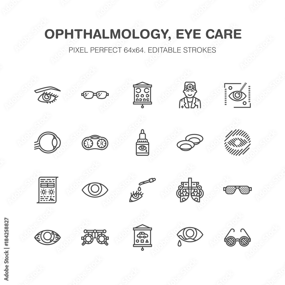 Ophthalmology, eyes health care line icons. Optometry equipment, contact lenses, glasses, blindness. Vision correction thin linear signs for oculist clinic. Pixel perfect 64x64. Ophthalmology, eyes health care line icons. Optometry equipment, contact lenses, glasses, blindness. Vision correction thin linear signs for oculist clinic. Pixel perfect 64x64.